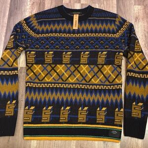Scotch & Soda Geometric Crewneck Sweater in Black, Blue, and Gold